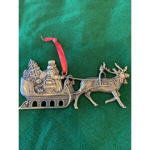Vtg Brass Reindeer, Santa And Sleigh Ornament By Hallmark